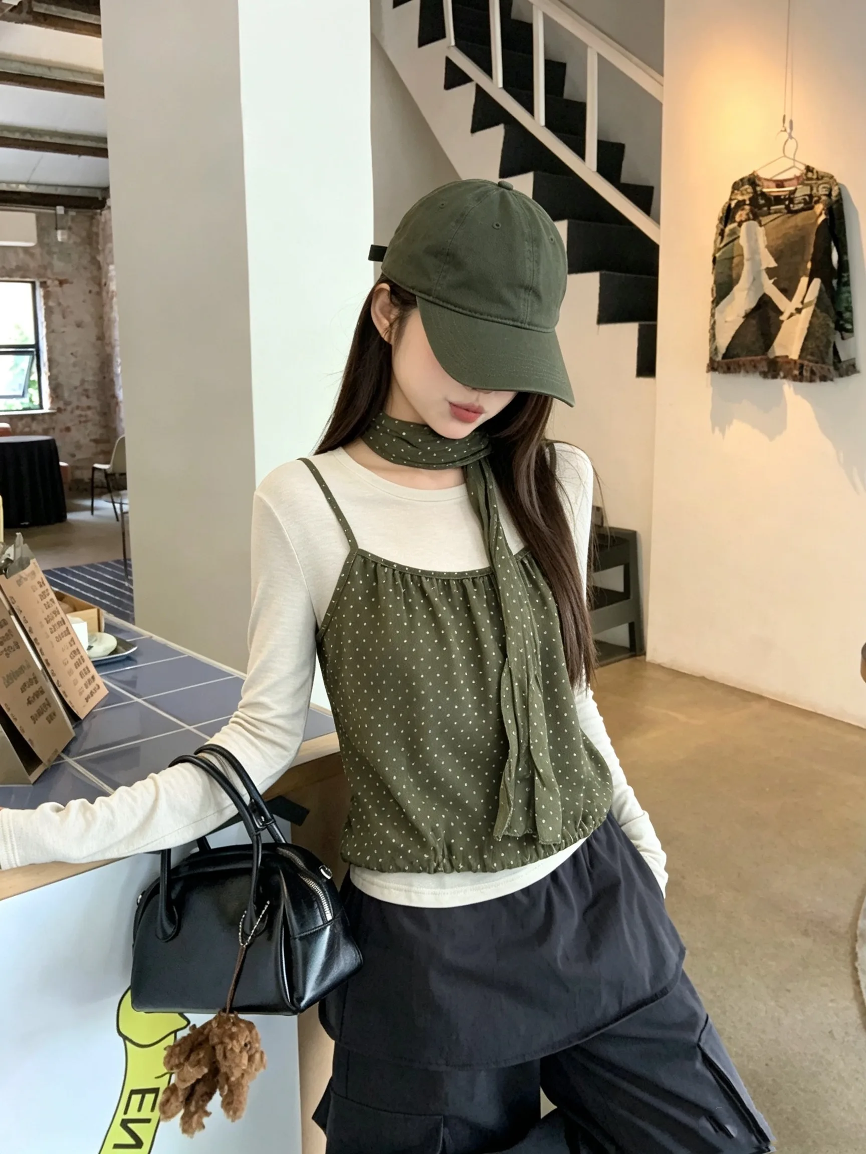 Korean Style Long Sleeve T-Shirt Women's Autumn Outerwear Polka Dot Hanging Neck Sash Vest Three Piece Set Top Citywalk Ladies