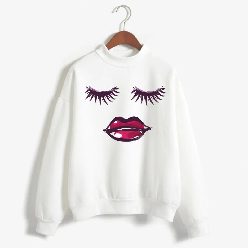 

Pretty and cute Eye Lashes Red Lips Print Women Sweatshirt Korean O-neck Knitted Pullover Thick Autumn Candy Color Lady Clothing