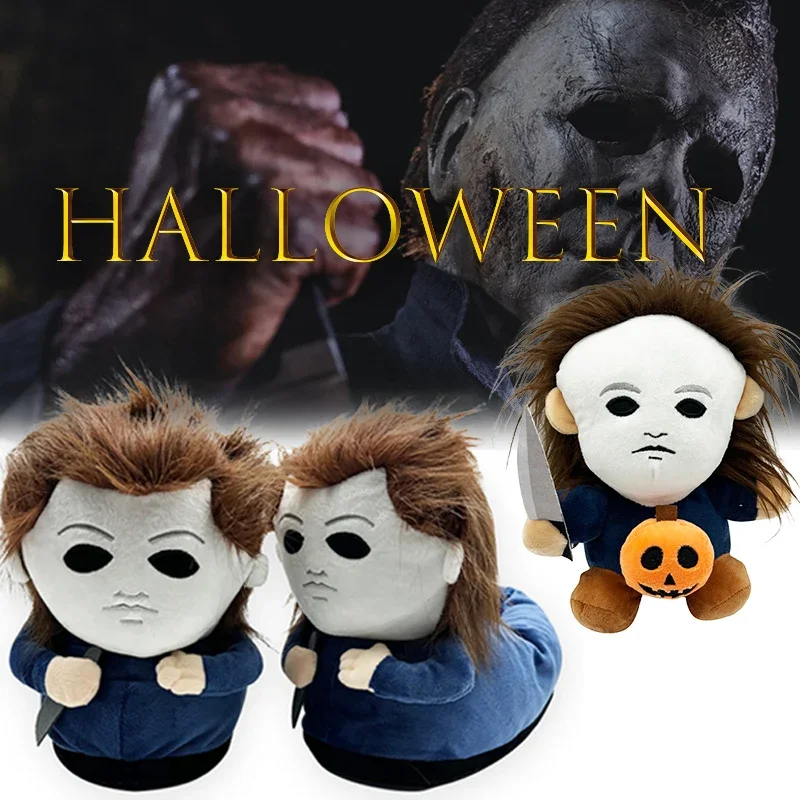 Michael Myers Halloween Plush Slippers Soft Cartoon Cosplay Plush Shoes Winter Warm Funny Indoor Slipper Toy Gifts