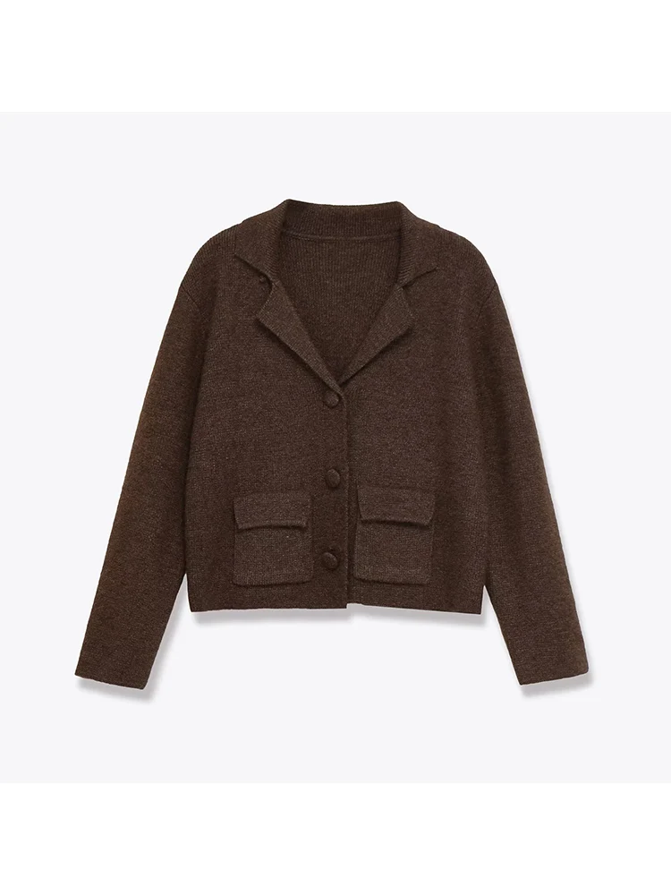 

Европейская и американская осенняя новая женская повседневная темпераментная простая модная вязаная куртка с длинными рукавами и лацканами