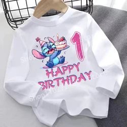 Stitch Disney T-shirt Cute Cartoon Print Child Clothing Cotton Round Neck Long Sleeve Girl’s Birthday Gifts Clothes Fashion Tops