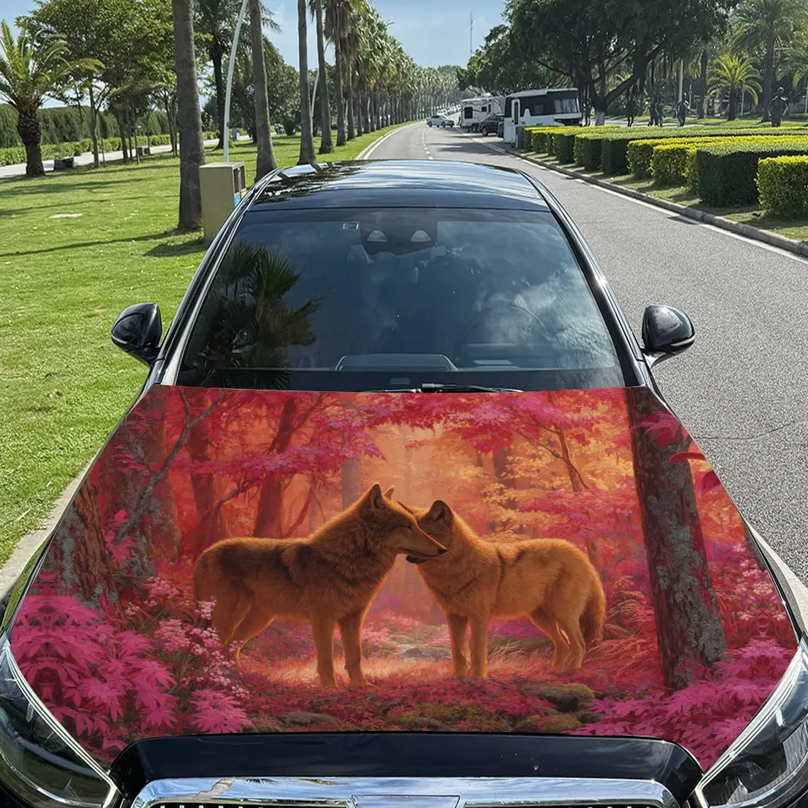Charming Twin Wolves in Floral - Draped Scene Car Vinyl Wrap, PVC Material Waterproof Car Hood Sticker, Self-Adhesive Scratch-Re