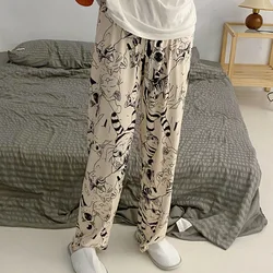 Women Sleep Pants Cute Cartoon 2024 Summer Thin Casual Home Air Conditioning Pants Ladies Loose Wide Leg Straight Trousers