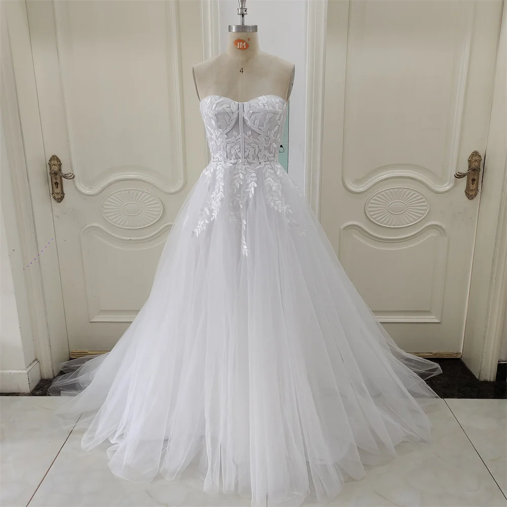

ZJ6028 Fashion Strapless 3D Flower Lace Applique Wedding Dresses Sweep Train Custom Bridal Grown 2026 Vestido De Noival