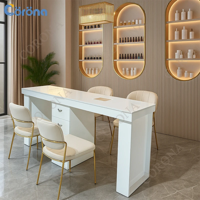 Nail Salon Furniture Modern Professional Wooden Double Nail Tech Table Manicure Table