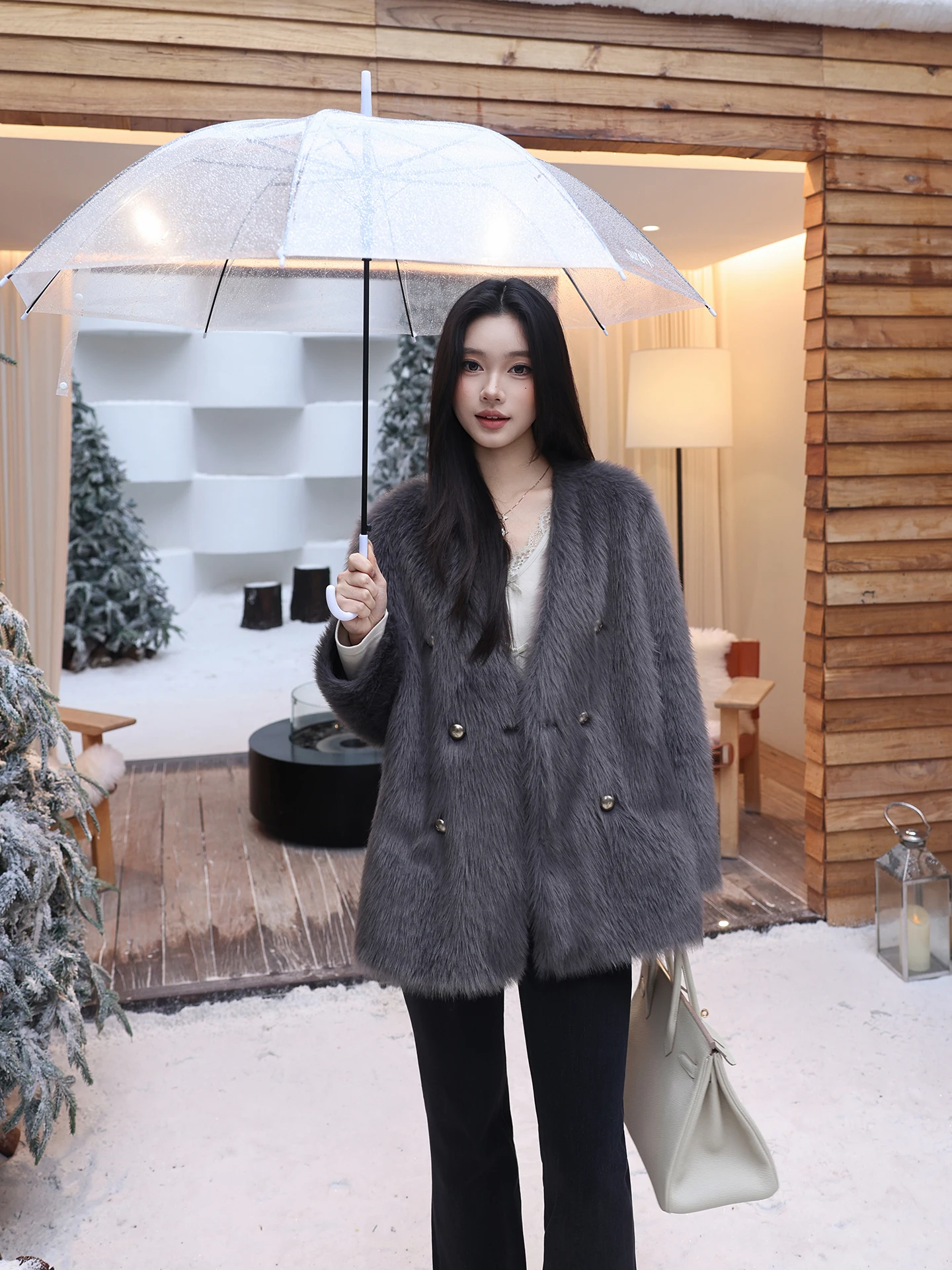 

Faux Fur Long Hair Stand up Slimming Medium Length Plu Leather Coat Women's ME ow Field Thousand Gold Super Luxury Brand