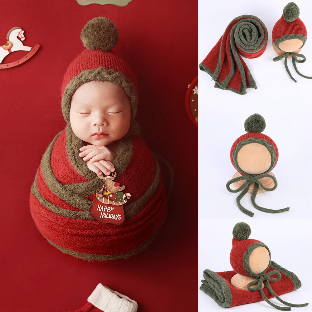 

Вязаная рождественская шапка для новорожденных с эластичной оберткой, реквизит для фотосъемки с зеленым краем, пеленка для новорожденных, первые рождественские фотографии ребенка