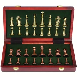Large Metal Deluxe Chess Retro Copper Plated Alloy Chess Adult Set Board Game Portable Wooden Box Storage Folding Chess Set