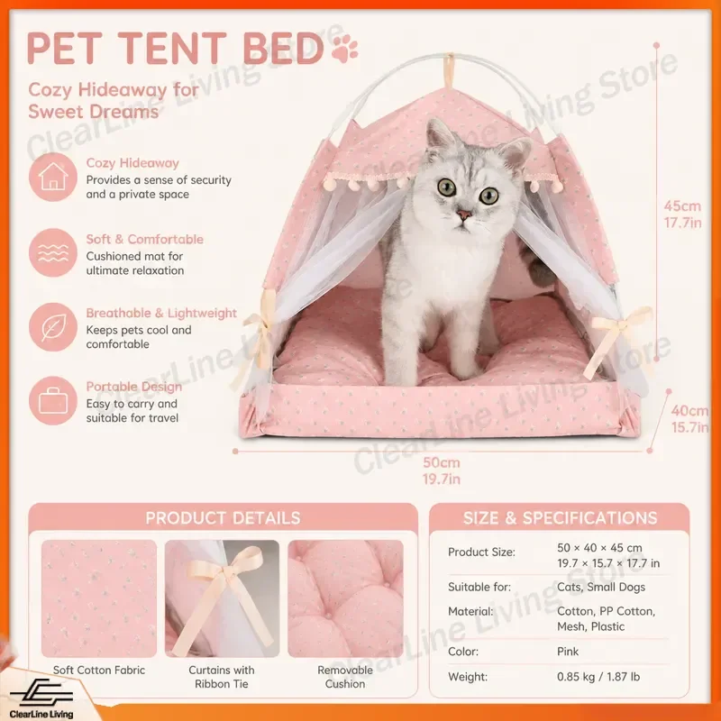 Cat Bed Semi Enclosed Tent House for Cats Dogs Summer Cooling Mat Foldable Pet Nest Kitten Sleep Cushion Outdoor Camping