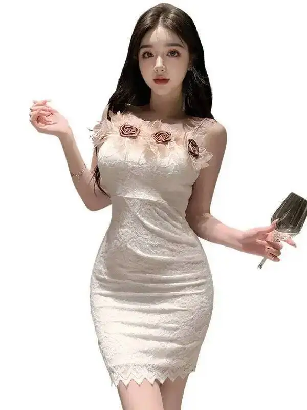 Sexy puro deseo ceñido al cuerpo vestido de encaje puro deseo camisón Sexy bata moda dulce Mini vestido 3D flor 2025 partes superiores nuevas UQF3
