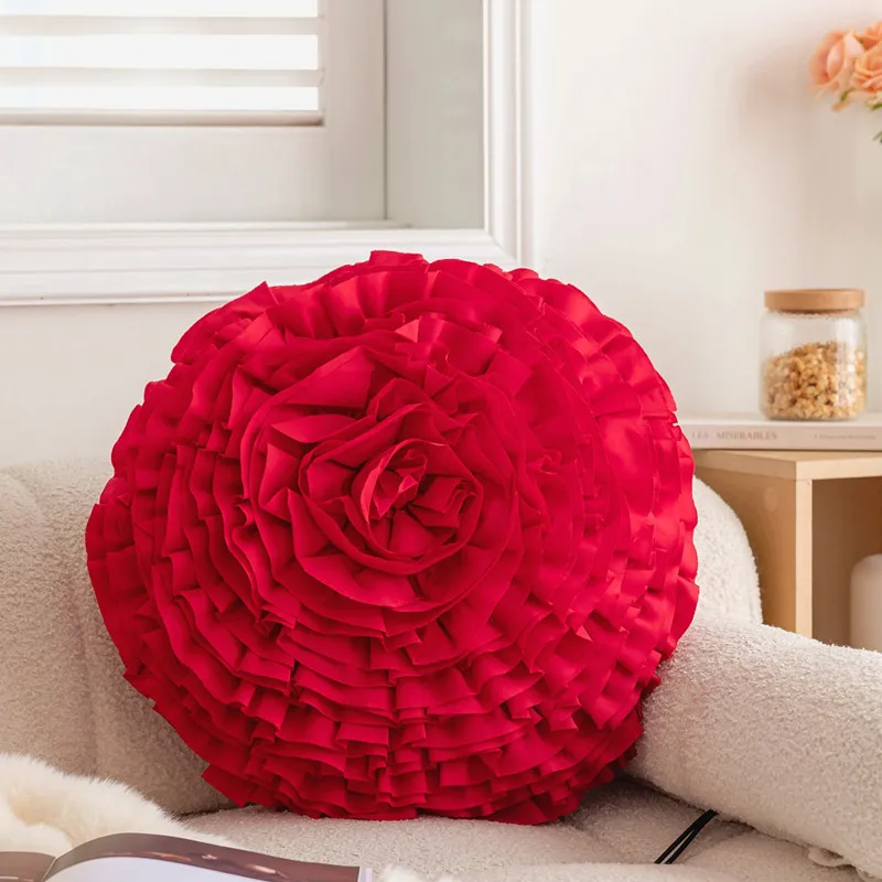 Wedding Red Luxury Handmade Flower Cushion Cover Lace Square Round 3D Flower Pillow Covers Home Decorative Pillows for Sofa