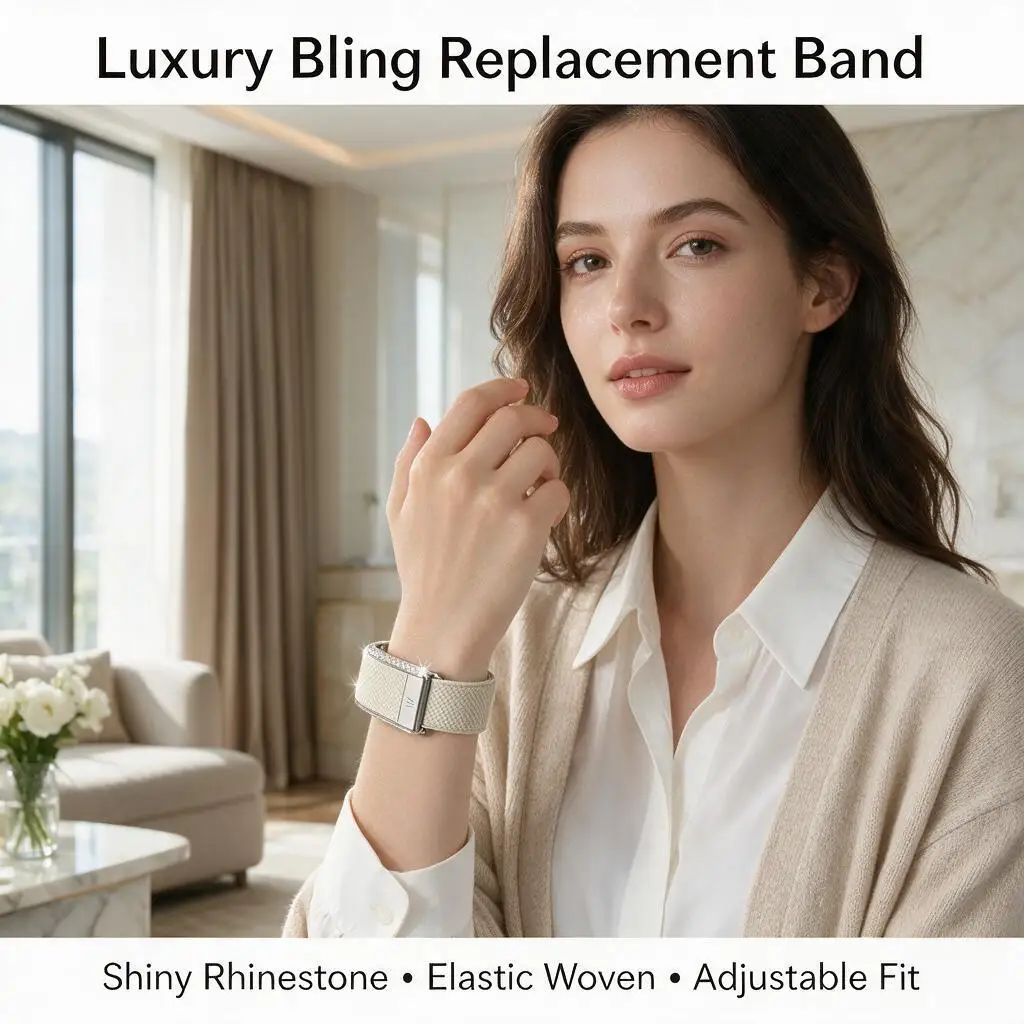 Rhinestone Nylon Stretch Band Compatible with Whoop 5.0 Sparkling Silver Metal U Frame Sport Casual Replacement Wristband