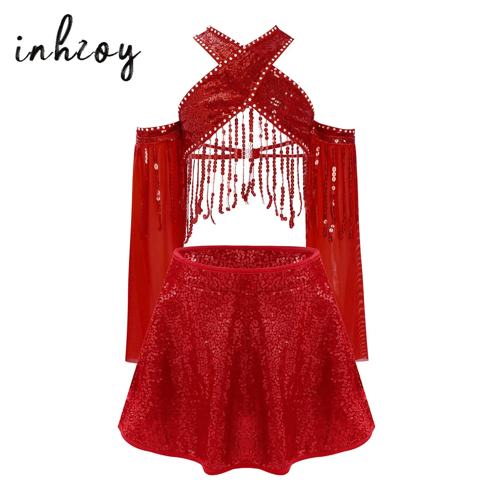 

Girls Jazz Dance Stage Performance Costume Sheer Mesh Flared Sleeves Sparkling Sequin Tassels Cross Crop Top with Sequined Skirt
