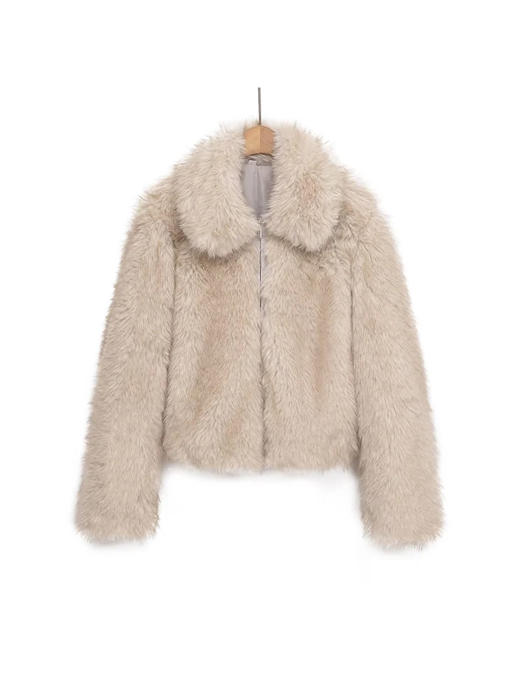

European style new women's fashion versatile temperament lapel long sleeve loose artificial fur jacket