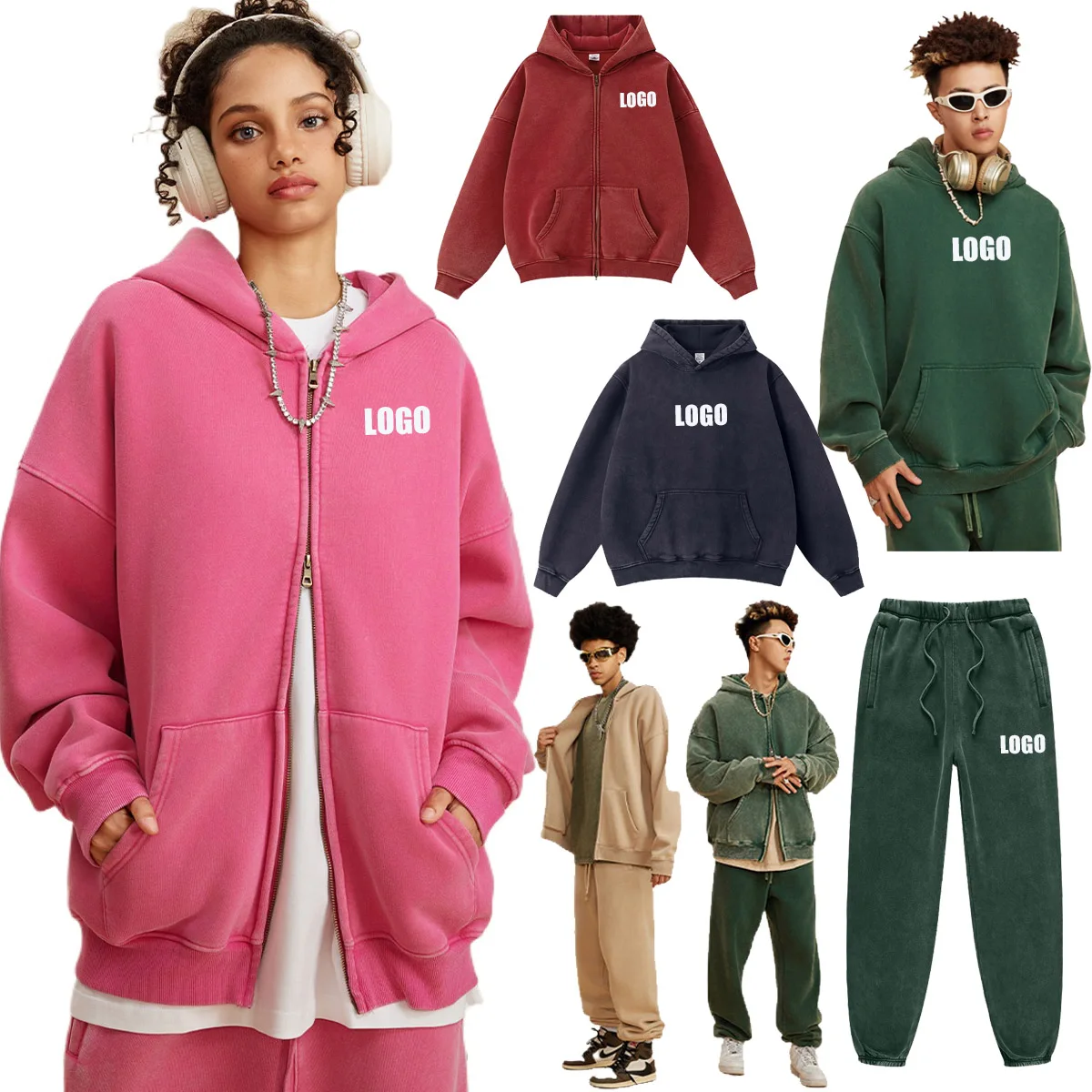 Sudadera con Capucha de Forro Polar de Algodón y Poliéster de 400G para Mujer, con LOGO Personalizado, para Otoño e Invierno, Chaqueta Holgada con Cremallera, Conjunto para Pareja
