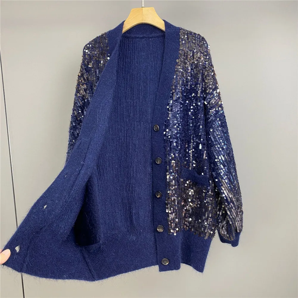 

25 Autumn/Winter New Women's V-neck Shining Two Sequin Glitter Mohair Blended Fashion Casual Temperament Cardigan Jacket