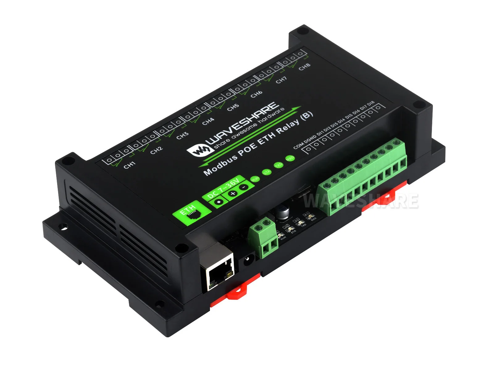 Waveshare 8-ch Ethernet Relay Module (B) With Digital Input, Modbus RTU/Modbus TCP Protocol, PoE Port Communication
