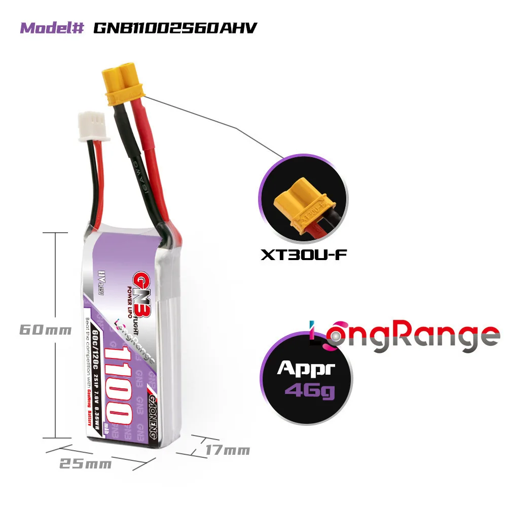 GNB-充電式リポバッテリー,7.6v,1100mah,60c,120c,hv,ヘリコプター,クワッドコプター,fpvレーシングUAV,rc部品,7.6v