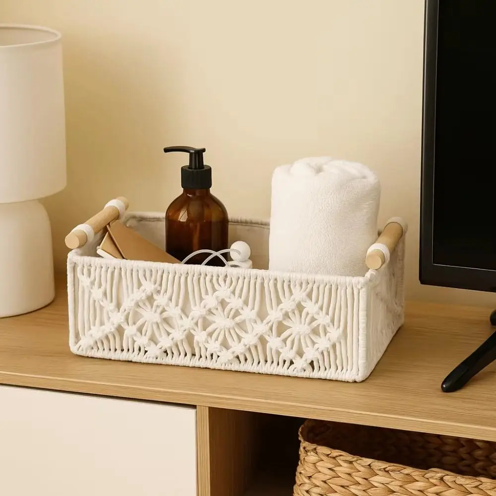 

Cotton Rope Hand Woven Storage Box Grid Designed with Handle Macrame Organizer Box Handmade Warm White Woven Storage Basket