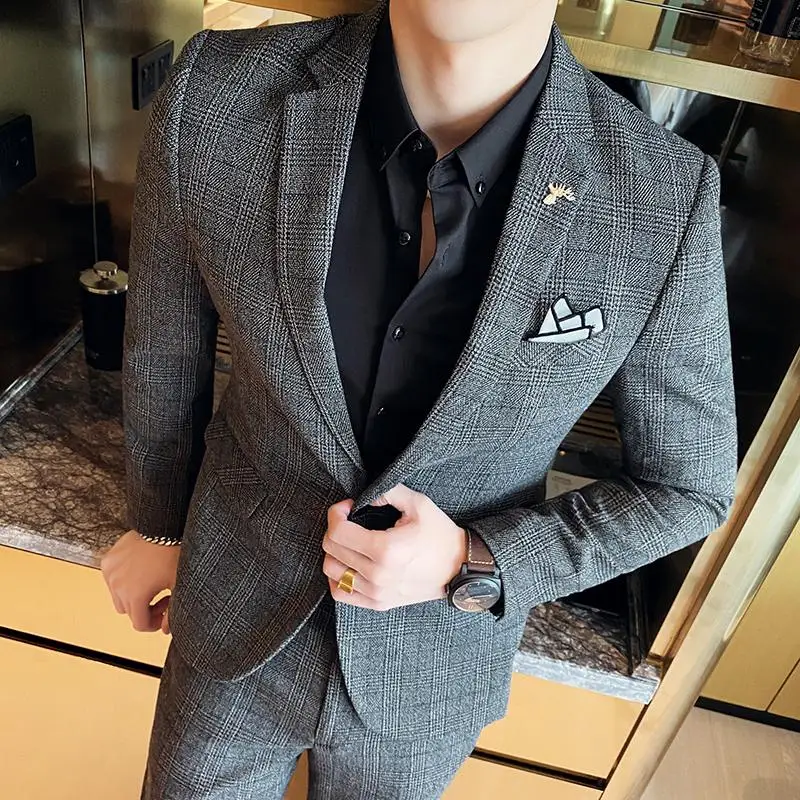 High Quality 2023 Men\'s (suit + Trousers) Boutique Fashion Business Suit Slim Handsome Trend Banquet Two-piece Set Four Seasons