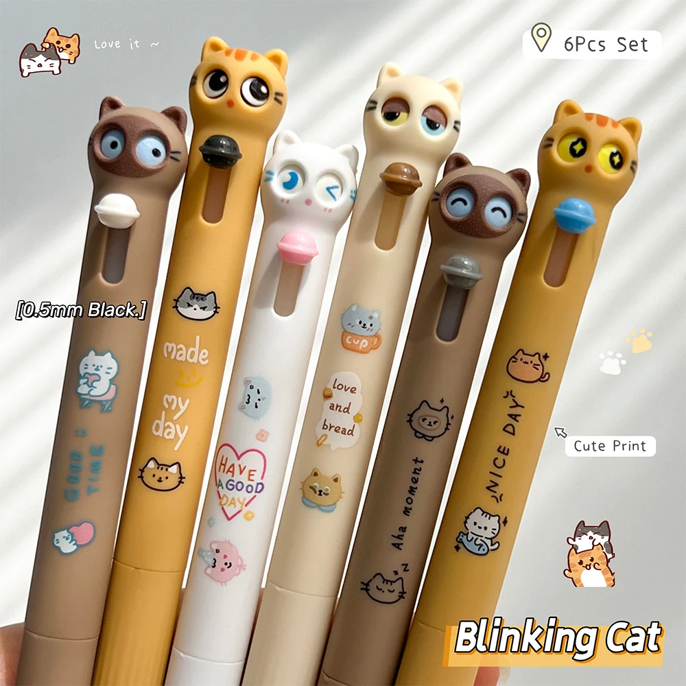 6 Pcs Blinking Cat Gel Pen Set 0.5mm Minimalist Quick Dry Pen Creative Cute Black Writing Pen Non Slip Grip Study and Office Use