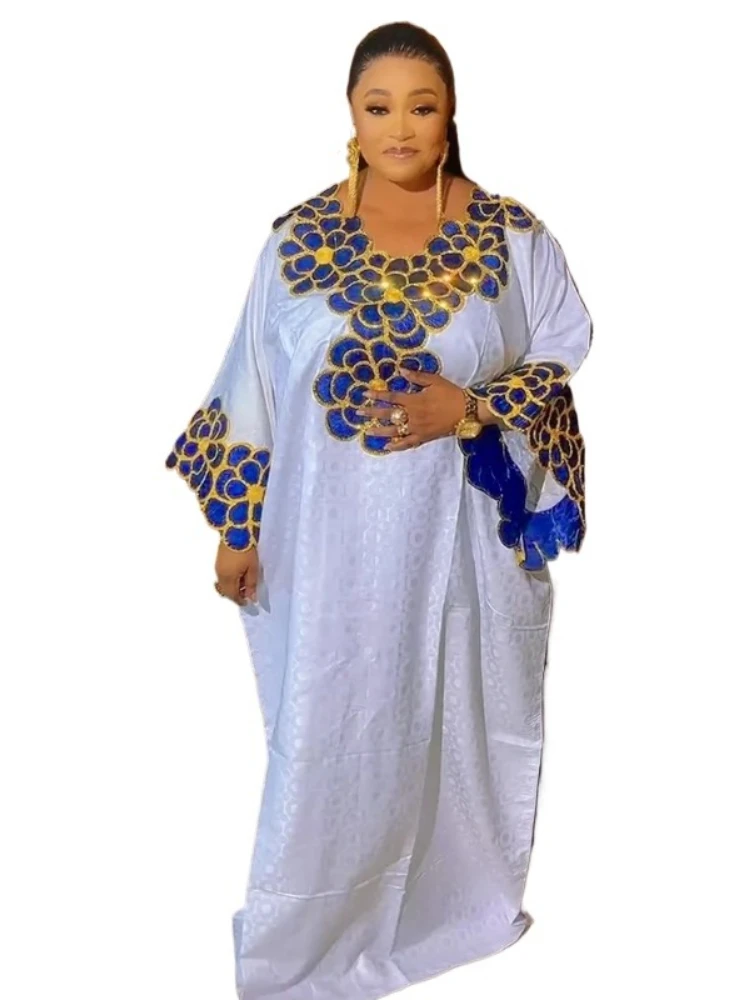 

African Dresses for Women Dashiki Traditional Embroidery Bazin Gown Ankara White Robes Nigeria Wedding Evening Party Dress