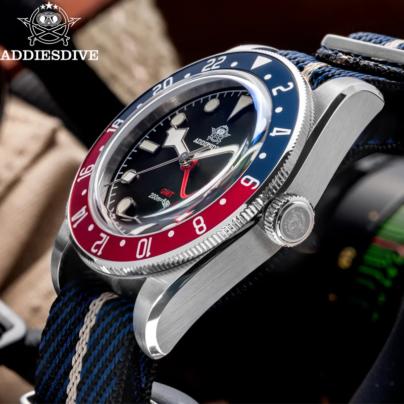 ADDIESDIVE AD2044 Orologio da uomo di lusso GMT Orologio al quarzo in acciaio inossidabile 20ATM Dive Bubble Mirror Glass Luminoso Relogio Masculino