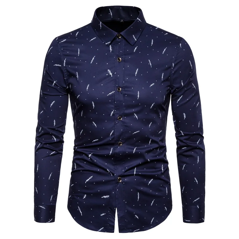 Men\'s Feather Printed Long Sleeved Shirt Cotton Casual Fashion Quality Men\'s Top Size M-5XL 886