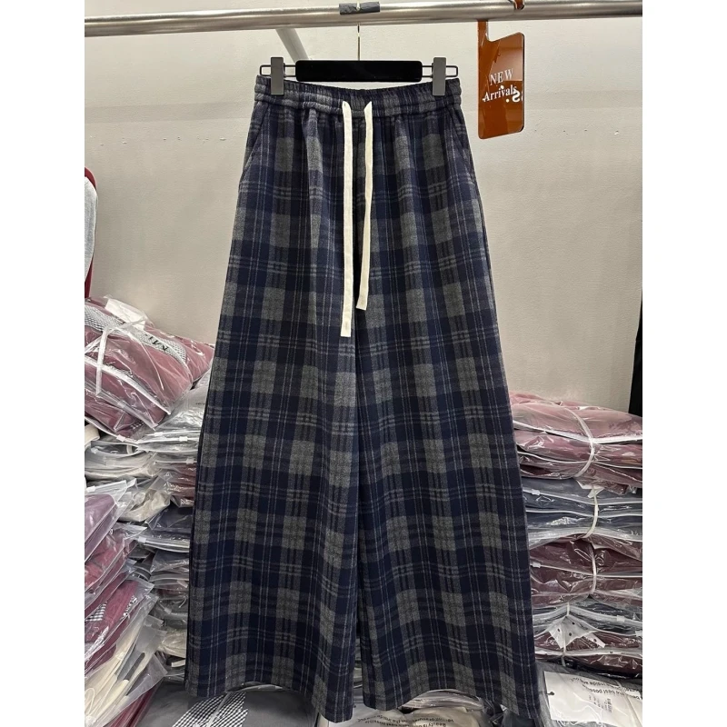 

plus Size 300 Pou Retro Brued Plaid Wide Leg Pants Men's Casual Loose Long Trousers Spring Autumn New Sle Leisure Pants
