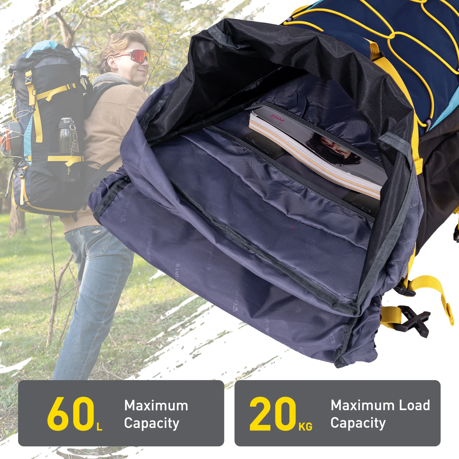 CITYSPORTS PRO Wanderrucksack, Faltbarer Reiserucksack, Trekkingrucksack, 60L (55 + 5), Outdoor-Sport-Reise-Tagesrucksack mit Regenschutz – Detail 9