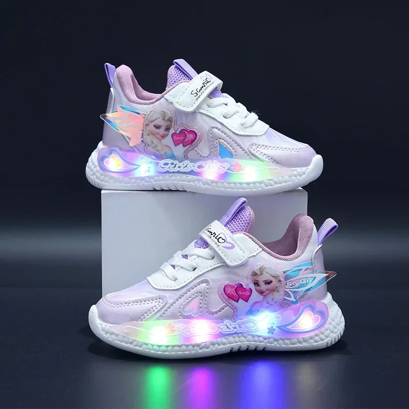 Disney LED Casual Sneakers Pink Purple For Spring Girls Frozen Elsa Princess Print Outdoor Shoes Children Lighted Non-slip Shoes