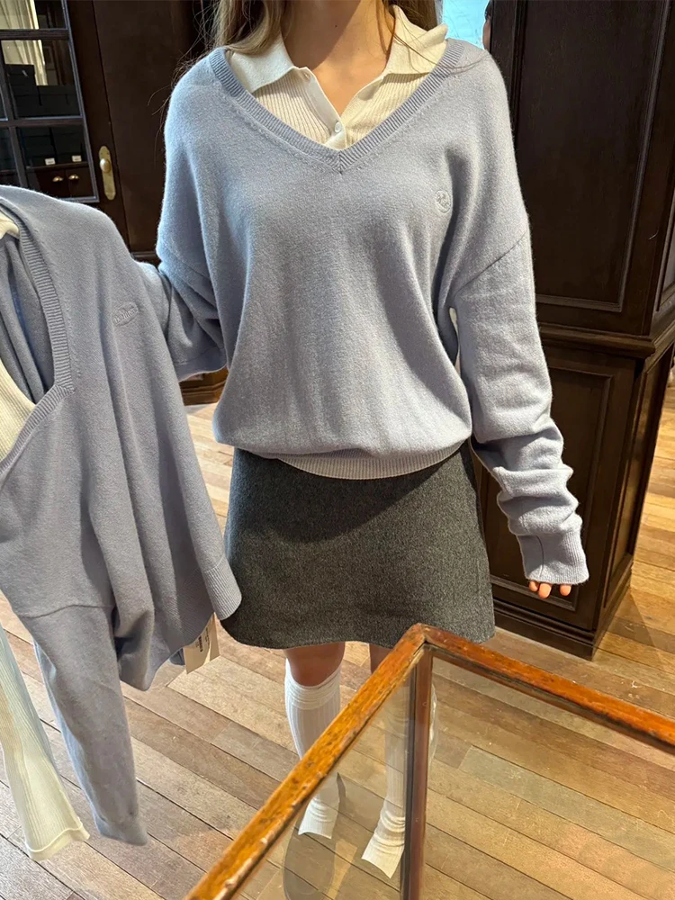 

Loose Women's Knitted Sweater V-Ne Embroidered Letter Casual Sle Long Sve Wool Blend Comfortable Fit Faion Top