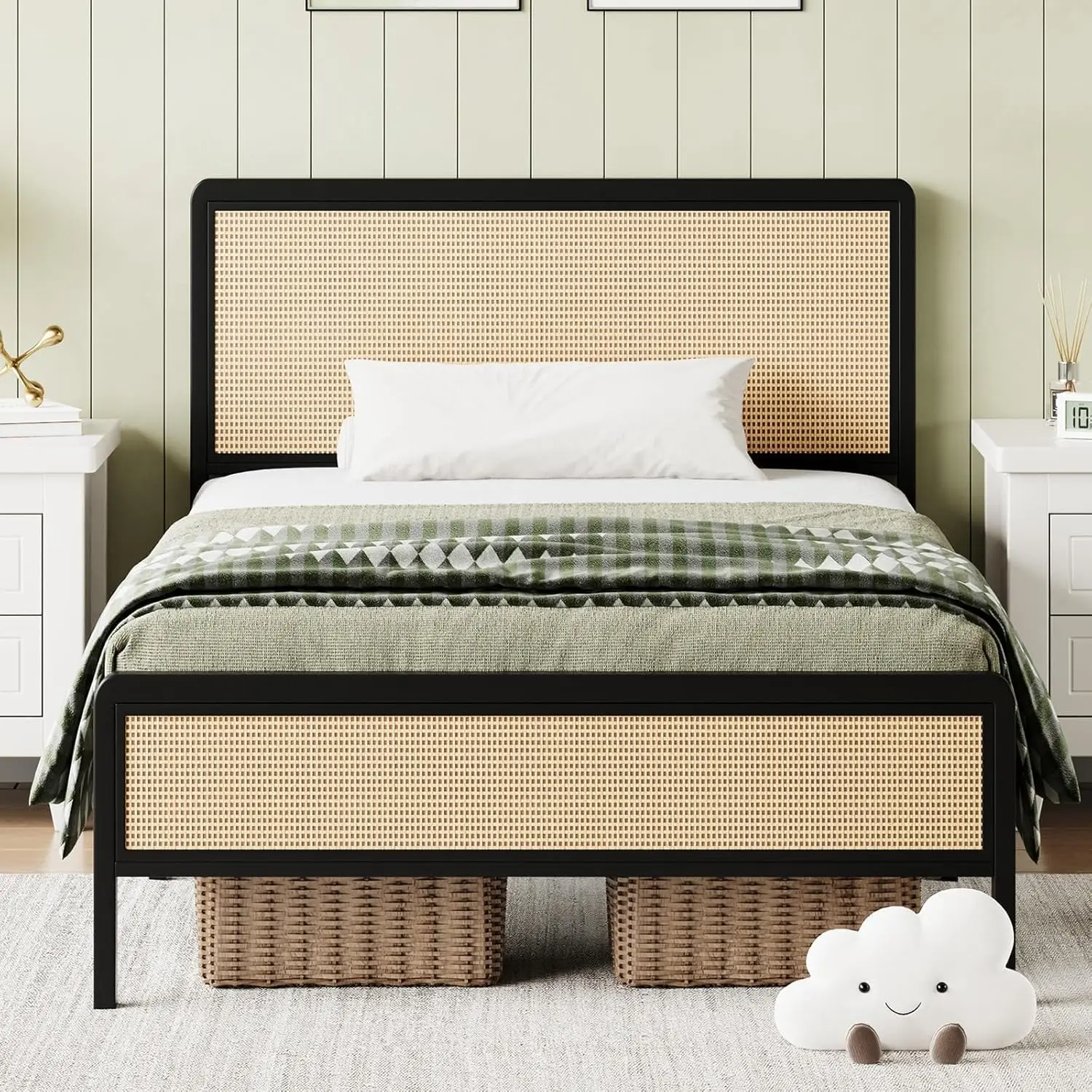 

Twin Bed Frame with Headboard, Rattan Bed Frame, Metal Platform Bed with Steel Slats Support, No Box Spring Required,
