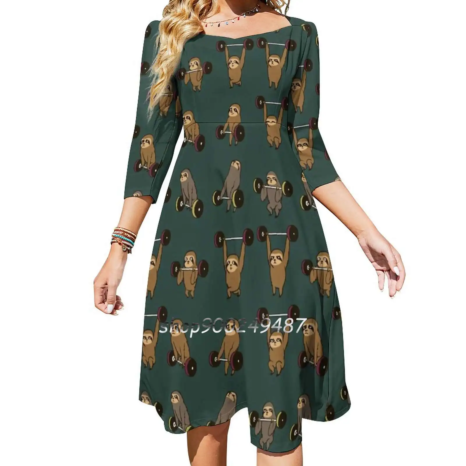 Lifting Sloths Square Neck Dress Cute Loose Print Dresses Elegant Beach Party Dress Slot Lifting Lifting Fitness Motivation