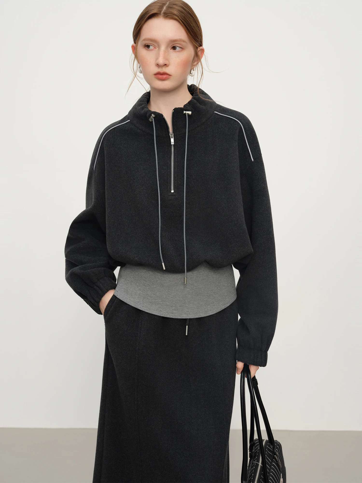 FSLE Vintage Relaxed Color Block Turtleneck Jacket  Straight Skirt Set for Women Winter 2025 New Arrivals Skirts Hoodie Sets