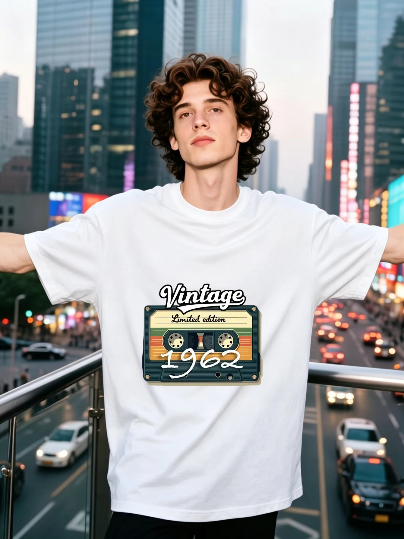 Vintage Cassette Tape Pattern Men's T-Shirt, Cool and Minimalist Style, Suitable for Casual Streetwear, Classic 1962 Limited Edition Design, A Must-Have Item for Trendy Youth, Urban Nightscape Background for an Even More  and Fashionable Look