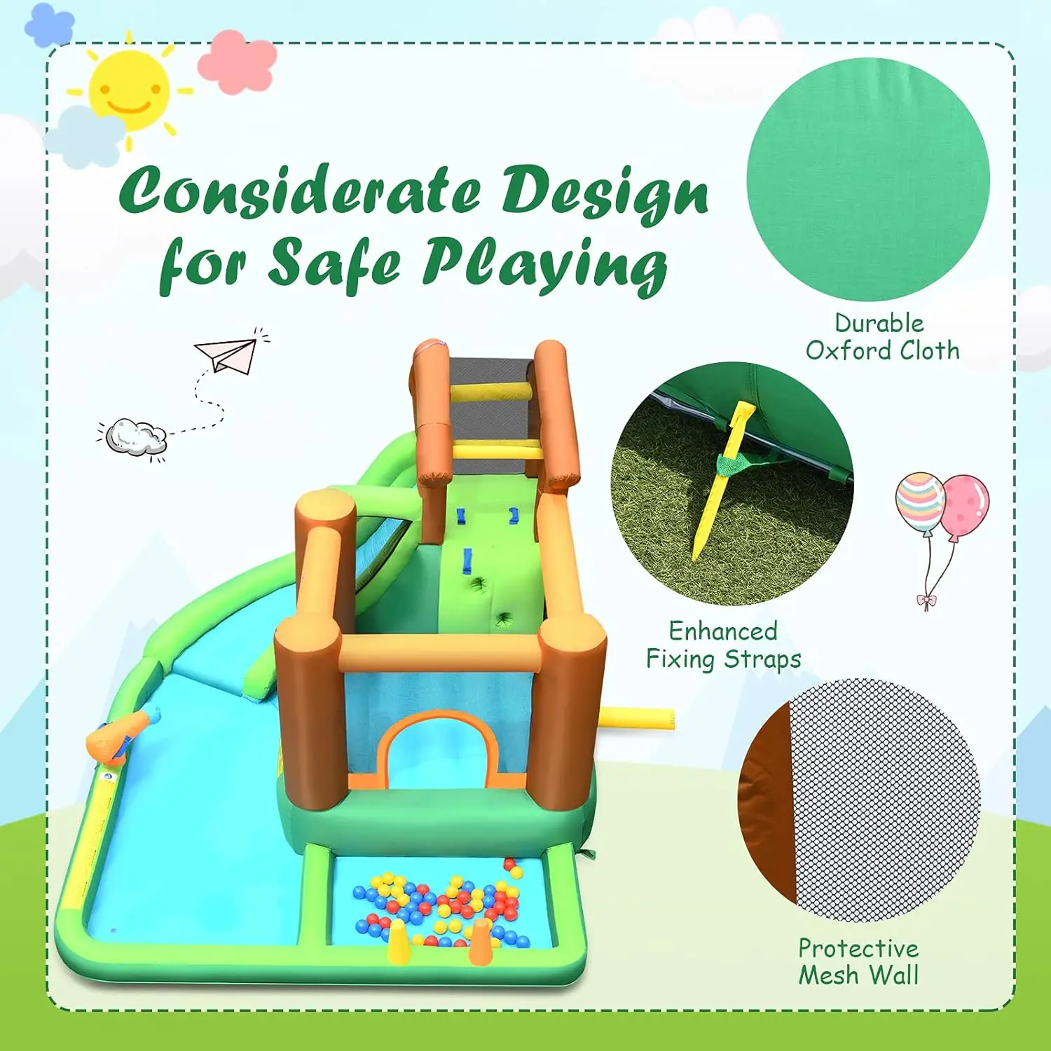 Nadmuchiwana zjeżdżalnia wodna, 6 w 1 dzieci Park wodny Bounce House Combo do zabawy na świeżym powietrzu z basenem, ścianką wspinaczkową, dmuchaną wodą Sl
