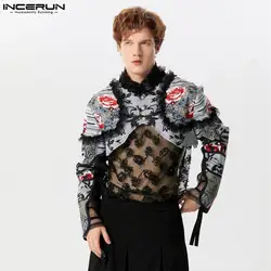 INCERUN Tops 2024 American Style Stylish Men Patchwork Floral Lace Shirts Party Shows Cropped Long Sleeved Cardigan Blouse S-5XL