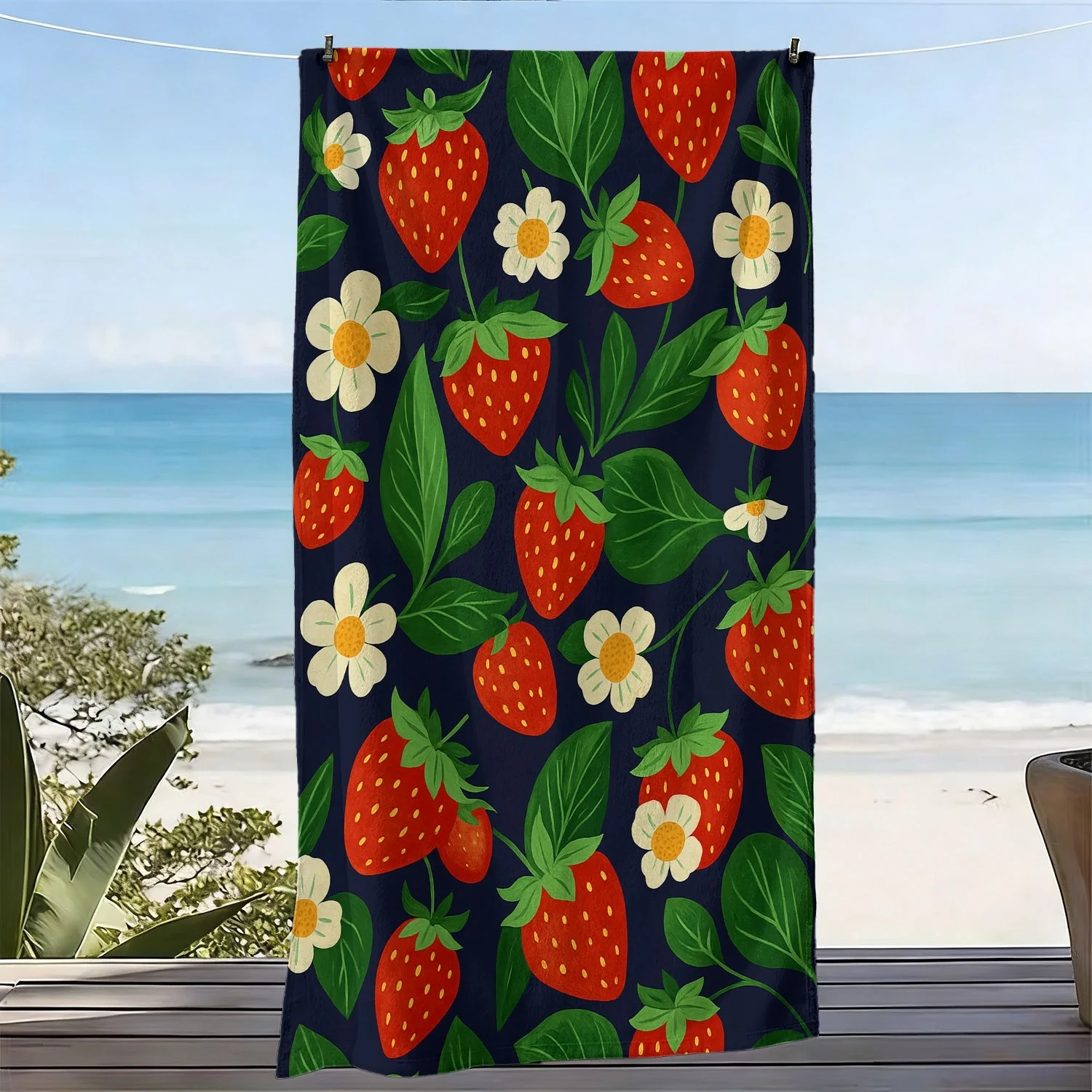 Strawberry Green Leaf Pattern Beach Towel, Fresh Fruit Print Ultra Fine Microfiber Quick Dry Super Absorbent for Seaside Picnic