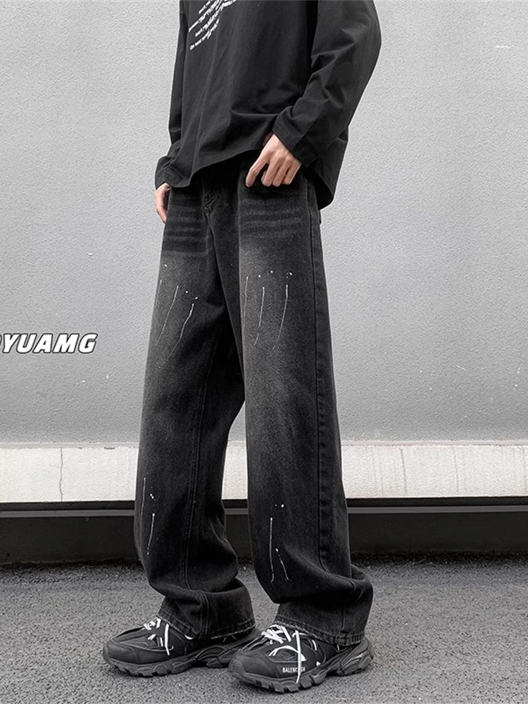 

Американские мужские джинсы оверсайз с широкими штанинами, весенне-осенние, модные, с эффектом окрашивания, свободные прямые брюки, молодежные повседневные джинсы