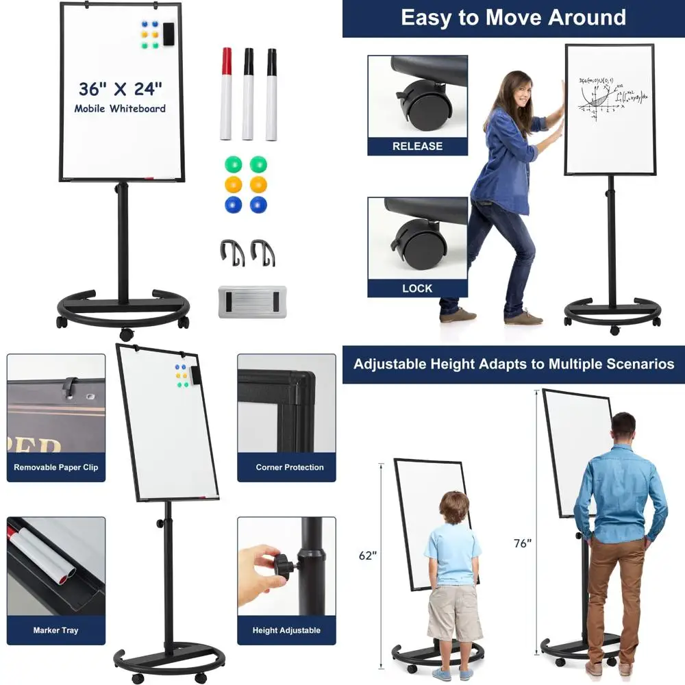 

TSJ OFFICE Mobile Whiteboard Standing - 36 X 24 Inches Magnetic Dry Erase Easel, Height Adjustable Rolling White Board on Wheels