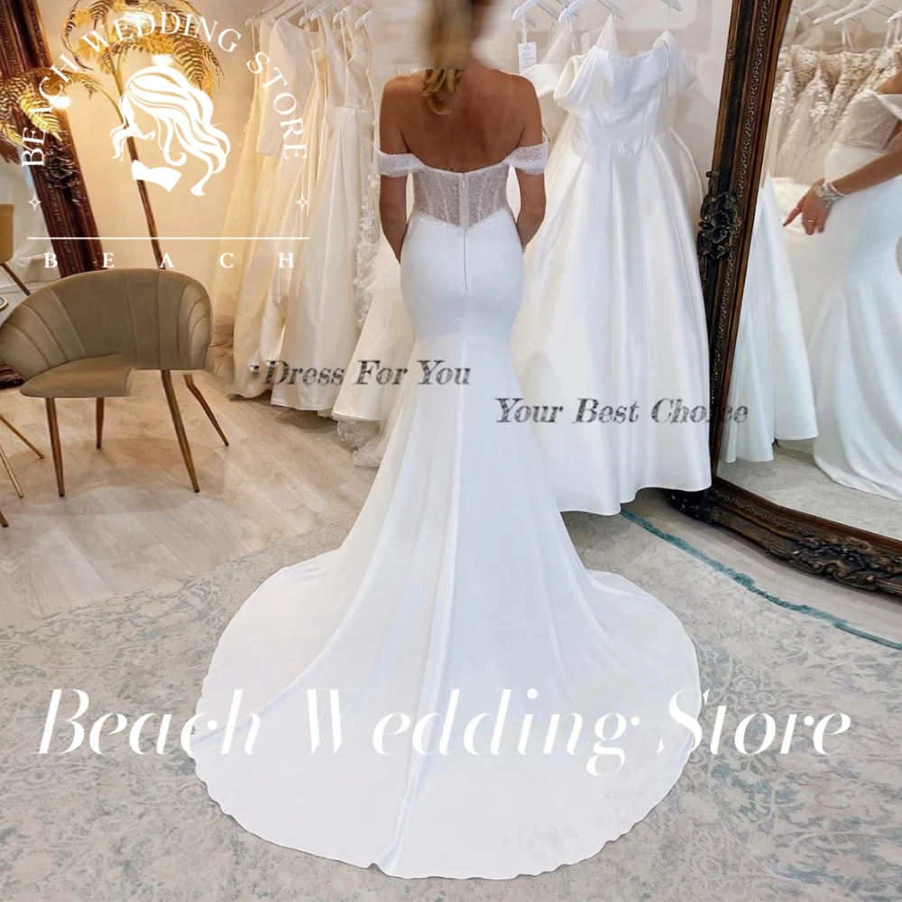 Beach Customized Vintage Mermaid Wedding Dresses Elastic Satin Sparkly Off Shoulder Bridal Gowns Backless Shiny 2024 Bride Dress