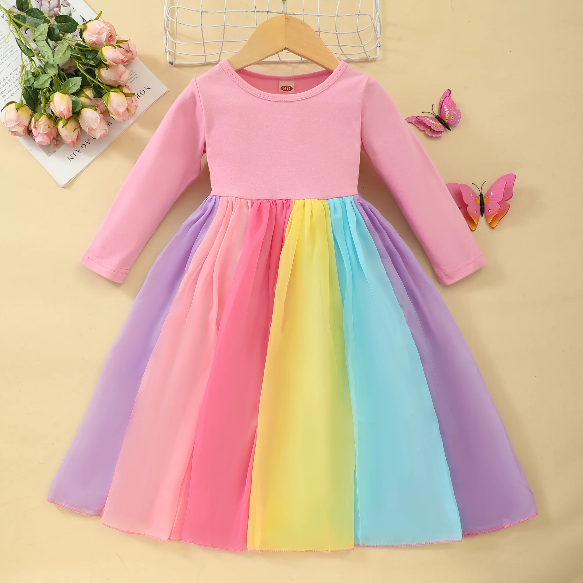 

Girls' solid color long sleeved mesh colored dress