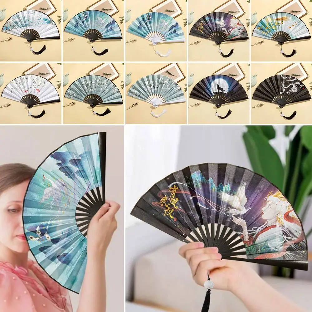 2024 Silk Vintage Folding Fan Colorful Tassel Elegent Hand Fan Hand Fan Bamboo Shank Classical Dance Fan Female