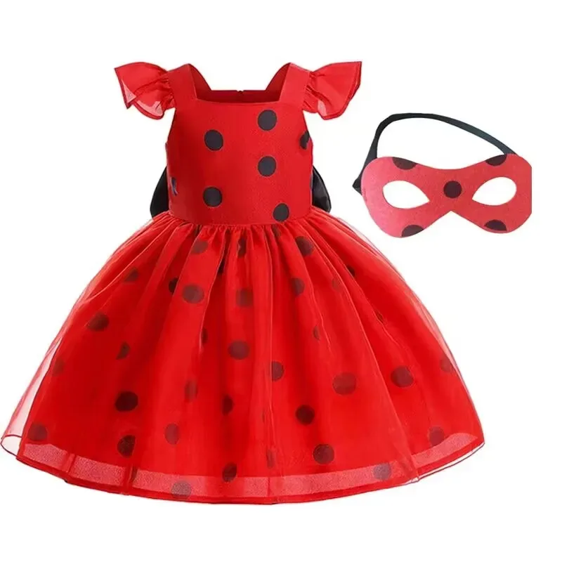 

New Year Kids Carnival Cosplay Costume Red Dot Bow Princess Dress For Baby Girls Birthday Party Evening Fancy Dress UP Children