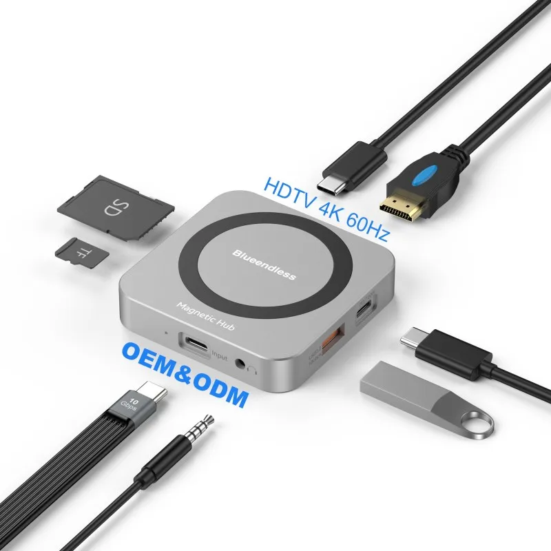 Magnetic M.2 NVME SSD Enclosure 9 in 1 USB C Type C Hub With 3.5MM Audio USB A USB C 3.2 SD/TF 4K 60Hz HD HDTV Multiport Adapter