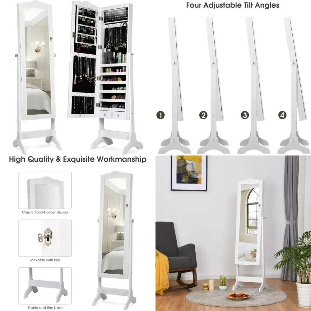 Standing Lockable Mirrored Jewelry Cabinet with LED Lighting and Dual Drawers