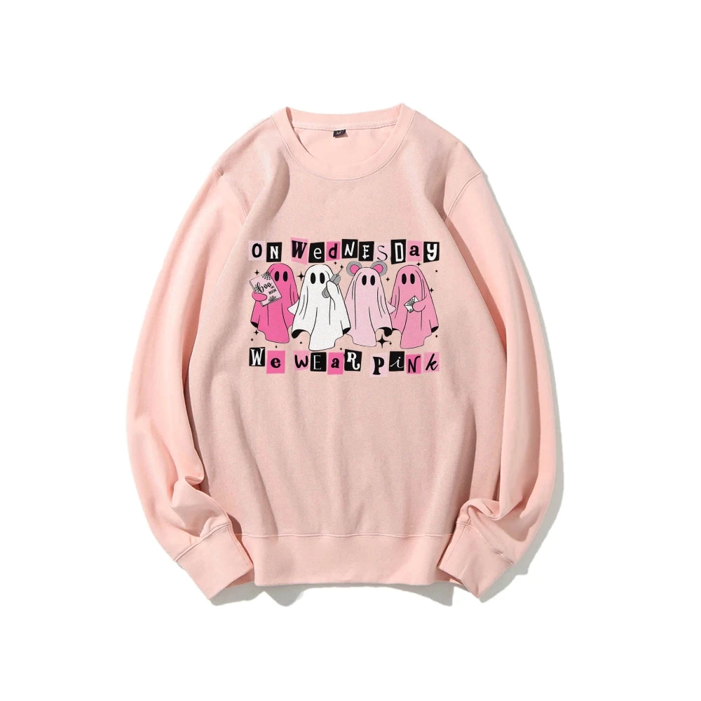 En el miércoles usamos sudadera rosa de Halloween informal con cuello redondo, linda camisa de fantasma rosa, sudadera de Halloween Boo Book