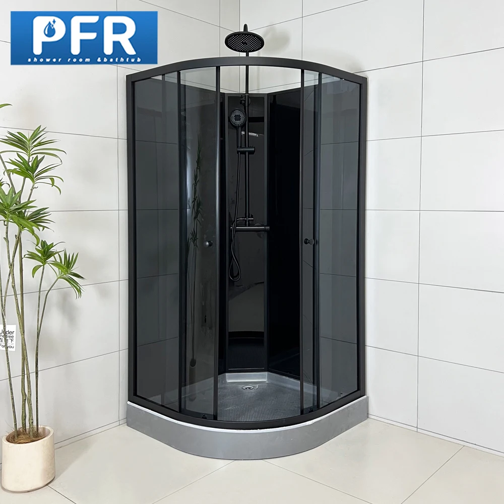 Custom Size PFR Modern Sliding Shower Cabin With Gray Acrylic And Matt Black Aluminium Frame Tempered Glass Hotel Use Steam Show