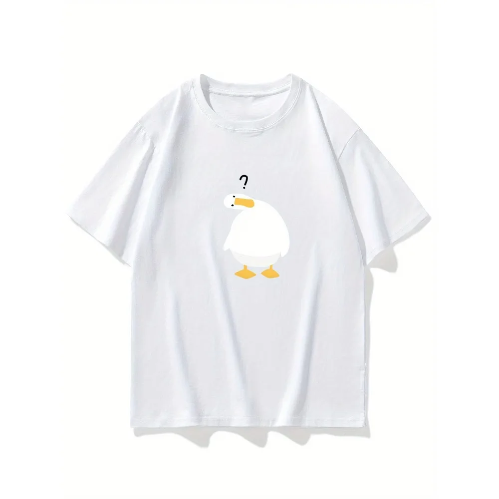 Funny Confused Duck Graphic T-Shirt Humorous Question Mark Animal Tee Kawaii Summer Short Sleeve Top Unisex Casual Loose Shirt